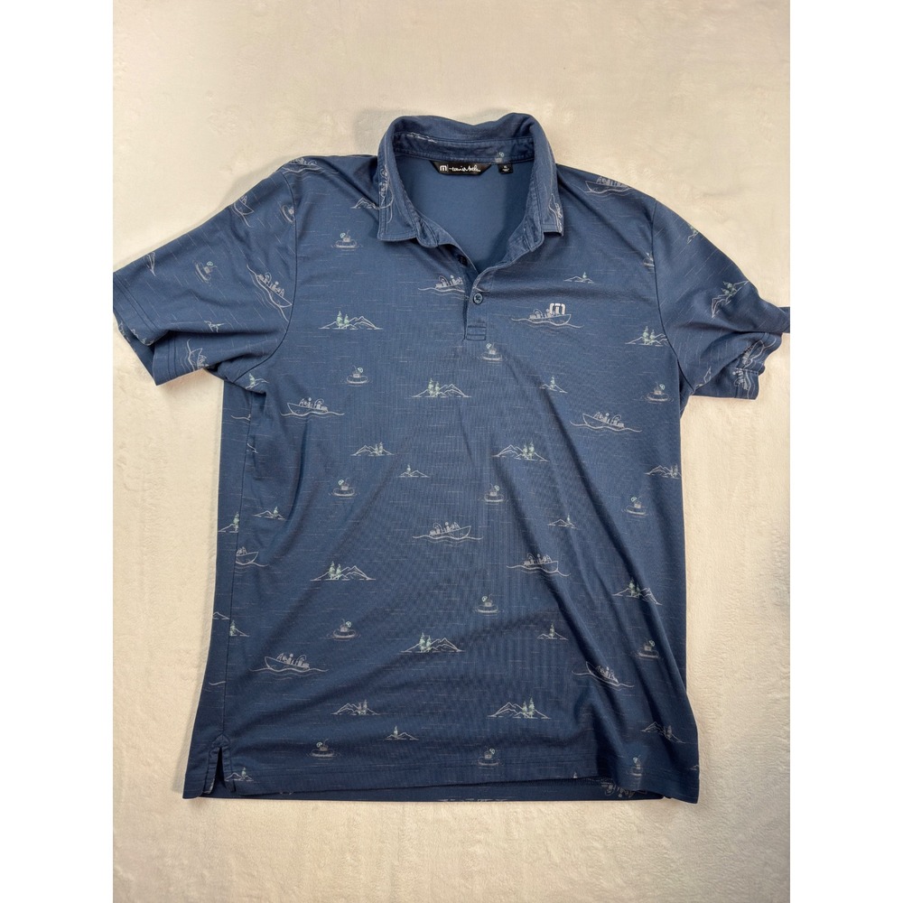TravisMathew Mens XL Blue Nautical Boat Print Polo Carter Plantation Golf Shirt